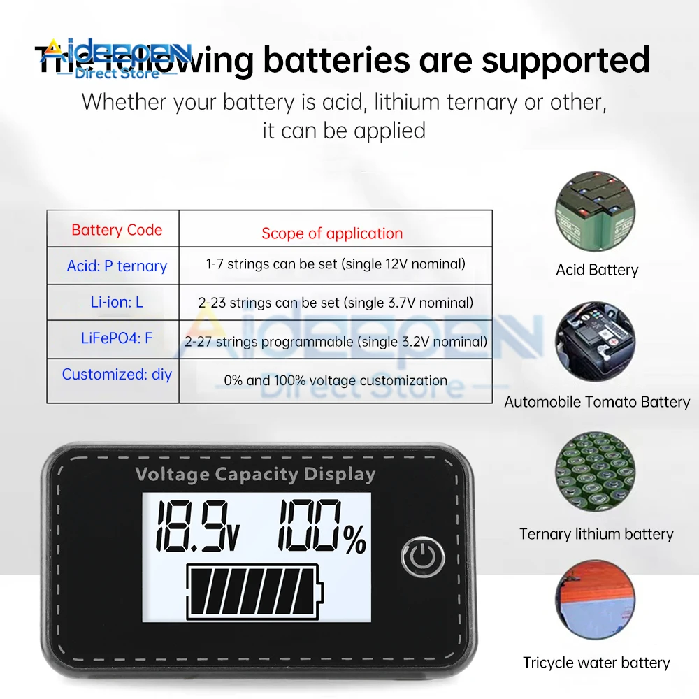 DC5-100V Wskaźnik poziomu ładowania akumulatora samochodowego Miernik pojemności akumulatora kwasowo-ołowiowego Tester wyświetlacza Tester LCD