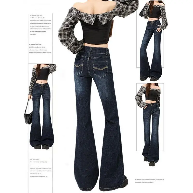Retro American style micro flared jeans for women low waist slim fit and slimming design versatile y2k floor length flared pants