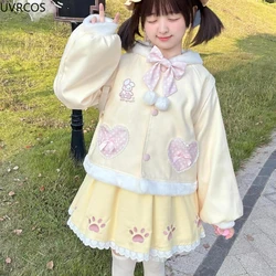 Autumn Winter Kawaii Lolita Style Sweet 2 Piece Set Woman Cute Bunny Ear Hooded Woolen Coat Y2k Mini Skirts Korean Fashion Suit