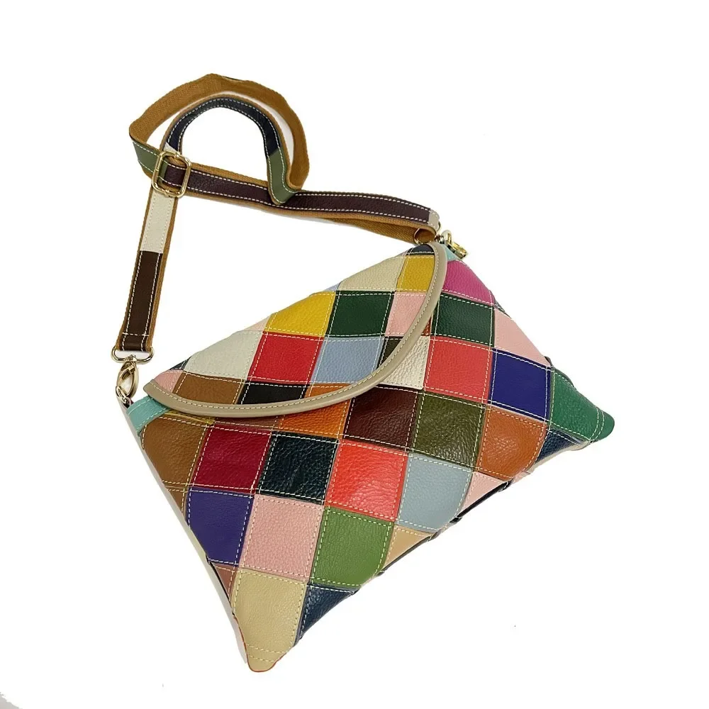 

Women Genuine Leather Shoulder Crossbody Pack Top Layer Cowhide Envelope Diamond Splicing Tote Bag Ms Contrast Color PC Package
