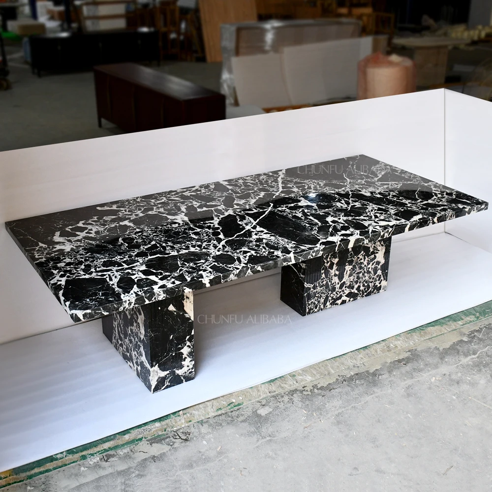 Natural Travertine Marble Plinth Dining Room Table Set Modern Extendable Convertible Dining Table for Hotel Villa Workshop Use
