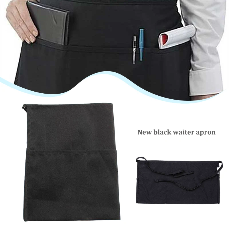 New Black Server Apron, 3 Pocket Waist Waiter Waitress Tip Apron Restaurant