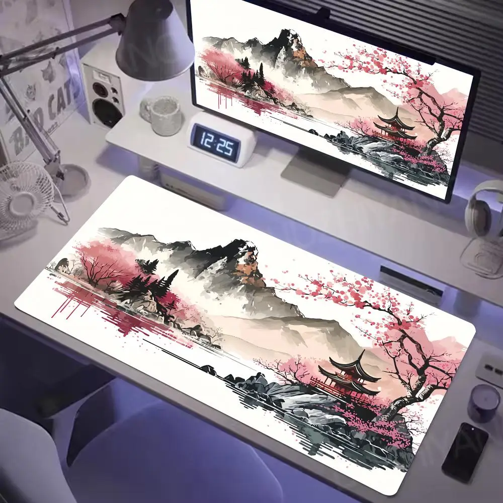 Chinese scenery Mouse Pad Large Gaming Office Stitched Edges and Non-Slip Rubber Base Extended Keyboard Mousepads Long Desk Mat