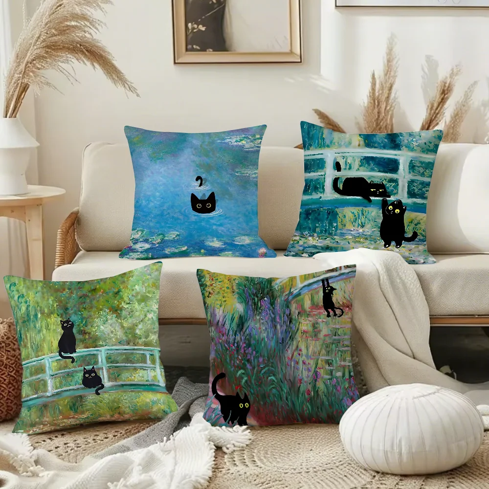 

Oil Painting Black Cat Art Designed By Claude Monet Pillow Case Square Double-Sided Printing Short Plush Sofa Cushion Cover