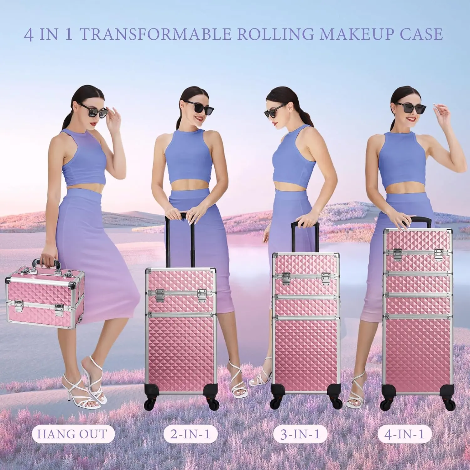 Stagiant Rolling Makeup Train Cosmetische trolley met grote opbergruimte 4-in-1 trolley met grote capaciteit Make-up reisetui met sleutelwartel