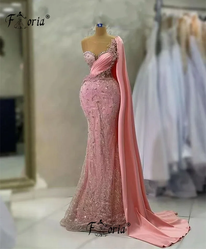 Elegant One Shoulder Beaded Formal Evening Dress Pink Crystal Dubai Arabic Wedding Party Gown Sparkly Rhinestone Robe De soireee