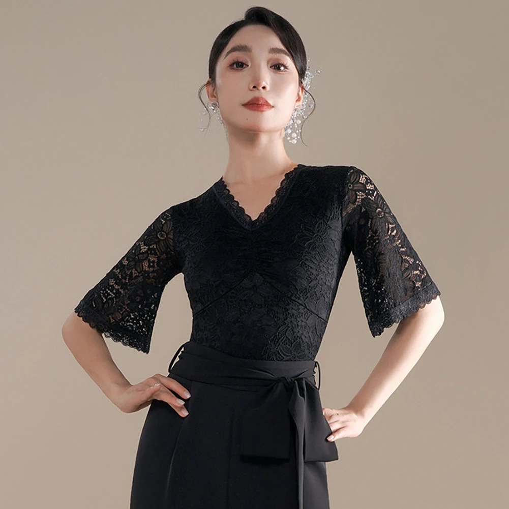 New Style Dance Clothes Women's Top Short-sleeved Ballroom Dance Black Waltz White Lace Training Tea Red Practice V-neck Shirt