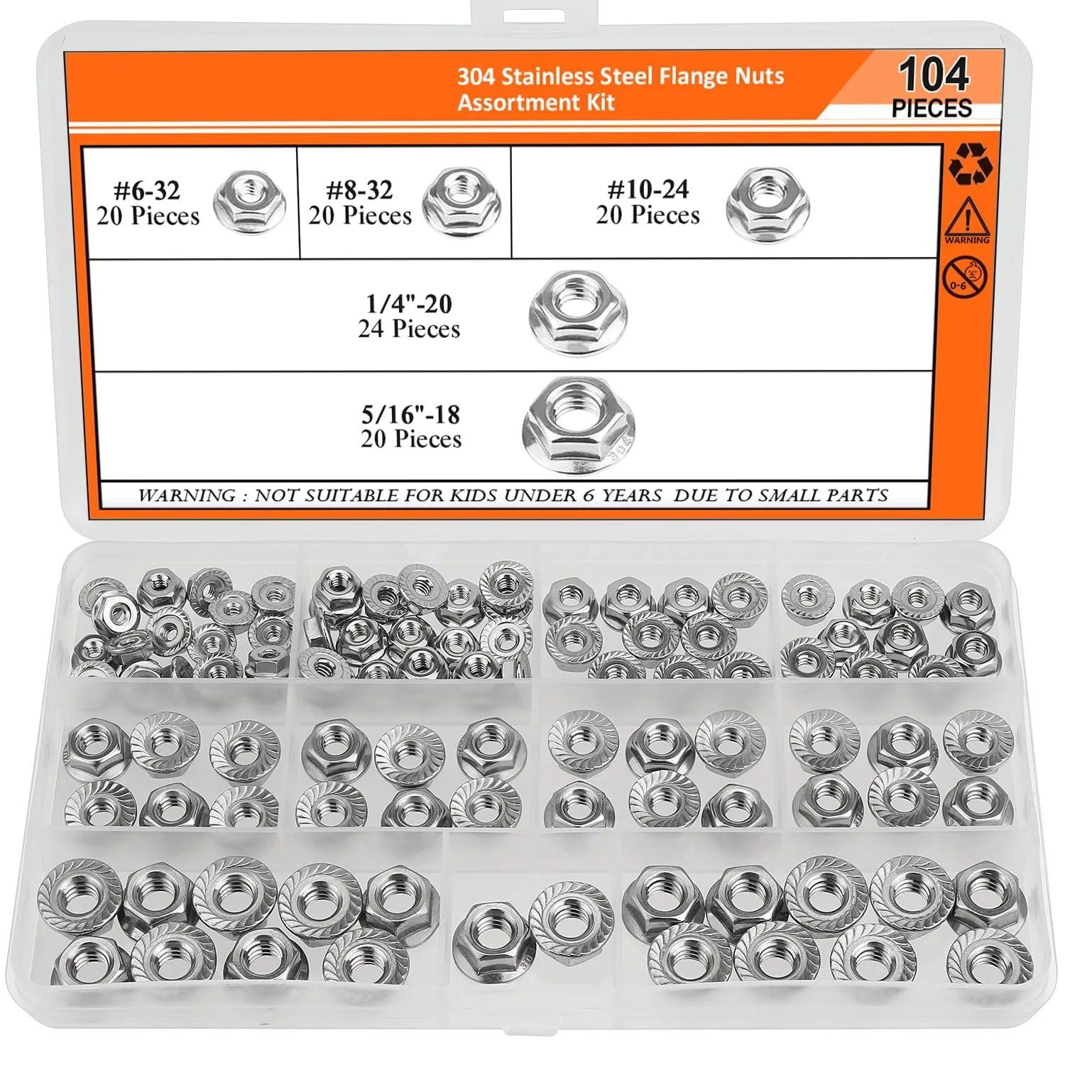 104PCS 304 Stainless Steel Hex Flange Serrated Lock Nuts Assorted Sizes Box