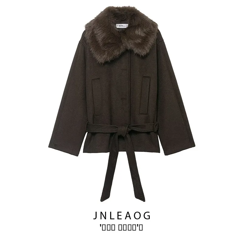 

JNLEAOG, осеннее новое женское пальто из смеси шерсти с воротником из искусственного меха, верхняя одежда, длинное пальто-подставка на пуговицах