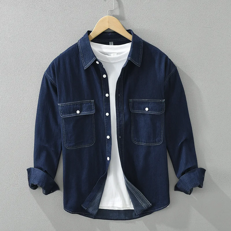 Japan Style Washed Cotton Denim Shirts for Men 2024 Spring Fashion Long Sleeve Soft Loose Blouses for Youth Male Casual Coats