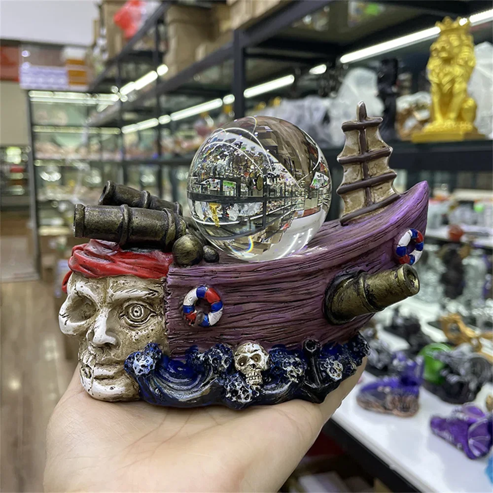 

Skull Pirate Ship Resin Statue Crafts Crystal Ball Base Mineral Specimen Bracket Home Decoration Furniture Ornaments