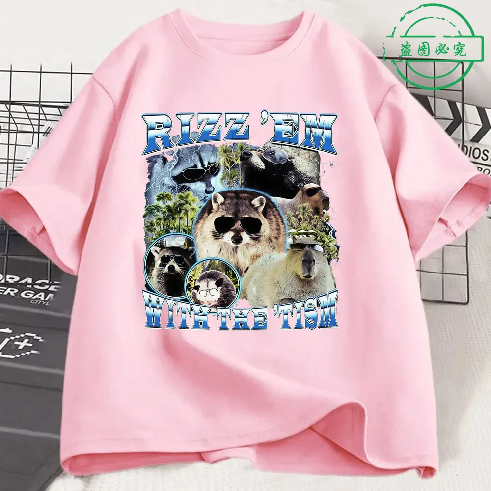 Rizz Em مع The Tism مضحك كابيبارا الراكون تي شيرت الرجال النساء الملابس عادية القطن موضة المتضخم تي شيرتات قصيرة الاكمام