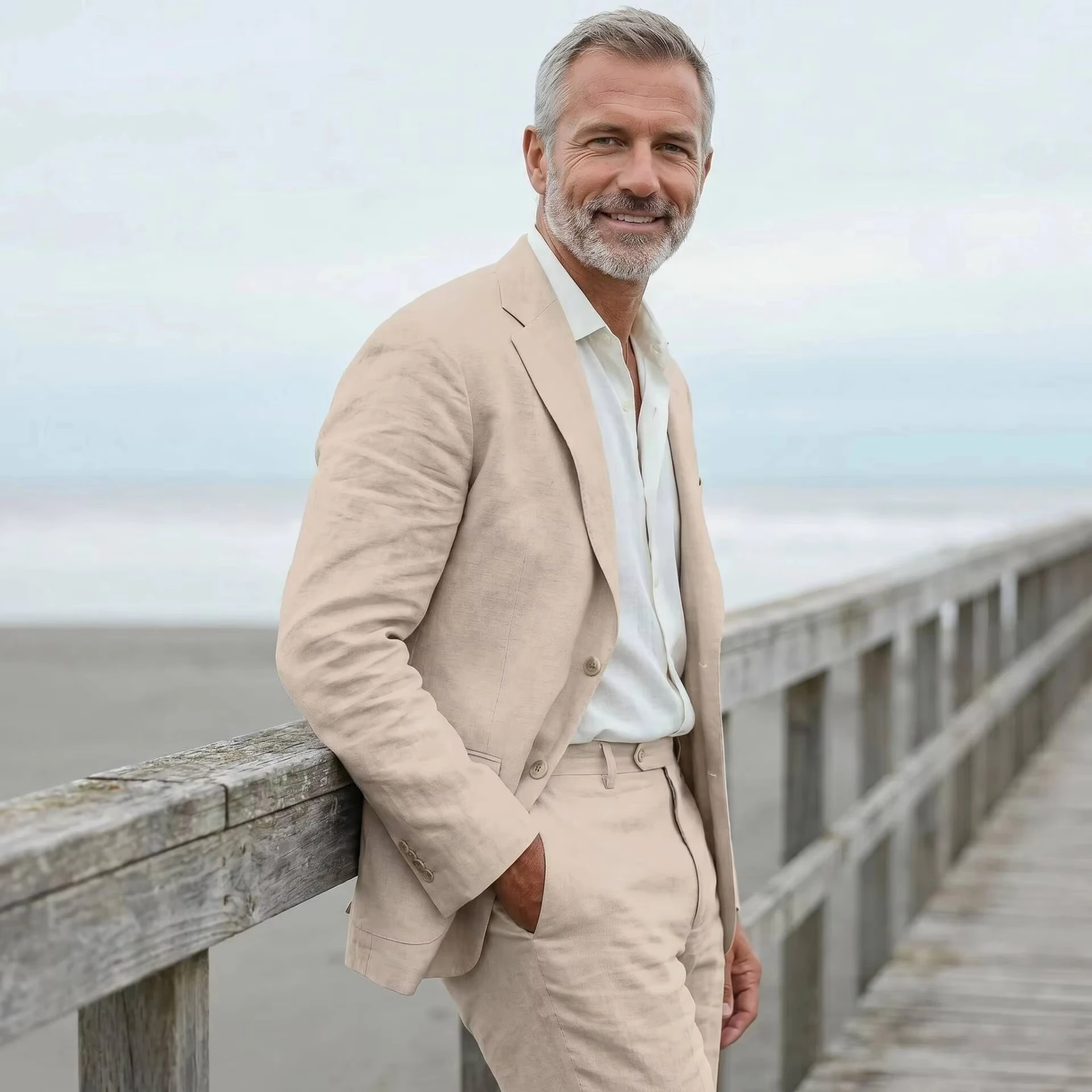 Two-Pieces Wedding Tailcoat Set With Split Collar Suit Jacket And Pant Men's Linen Casual Men's Beach Party Business Suit