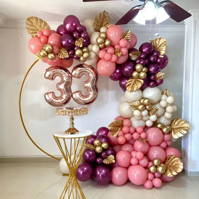 Pink Gold Sand White Balloons Arch Garland Kit Metal Magenta Balloons Garland Gold Chrome Balloon Arch for Birthday Party