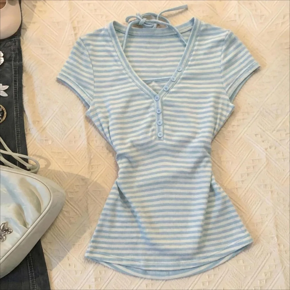 American Street Vintage Hottie T-shirts Y2K Retro Pink Striped Two-piece Fashion Casual Tees Summer Harajuku Sweet Slim-fit Tops