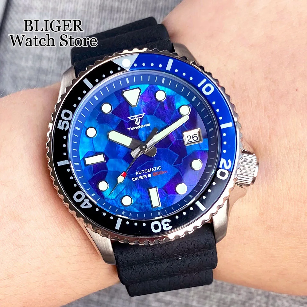 Tandorio glänzendes schwarzes Gehäuse-Zifferblatt, 41 mm, NH35AA, 200 m wasserdichte automatische Taucheruhr für Herren, 120-Klick-Lünette, Saphir-Stahlarmband