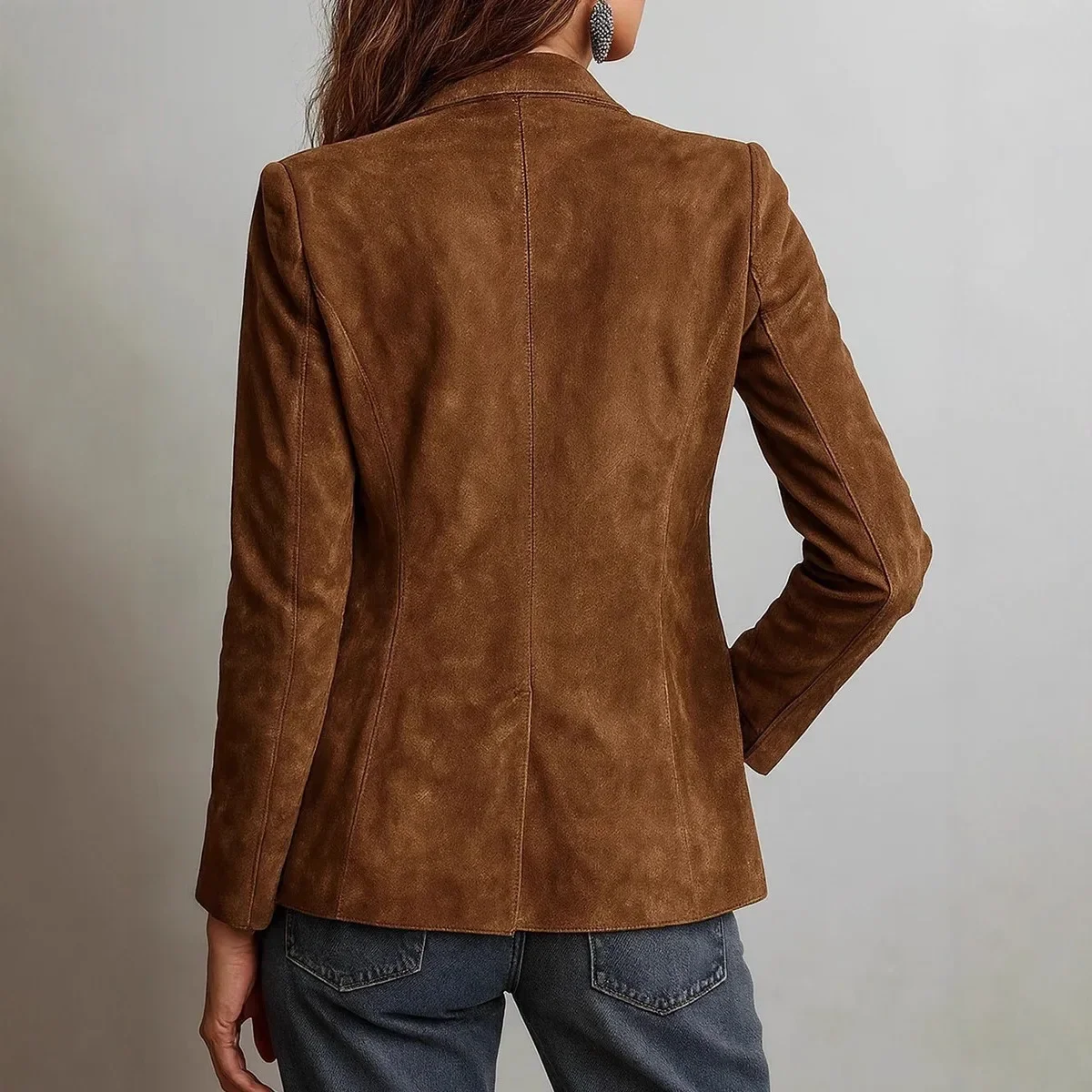 2026 Fall Women's Brown Suede Jacket with Pockets and Buttons, European and American Style