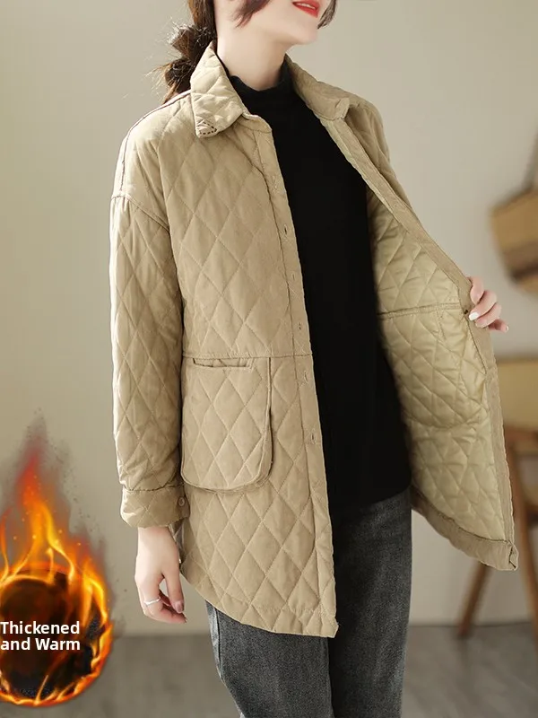 

Warmth down Cotton irt Coat for Middle-Aged Women Winter Casual Sle Long Sve Collar Mid-Length Thiened Outerwear
