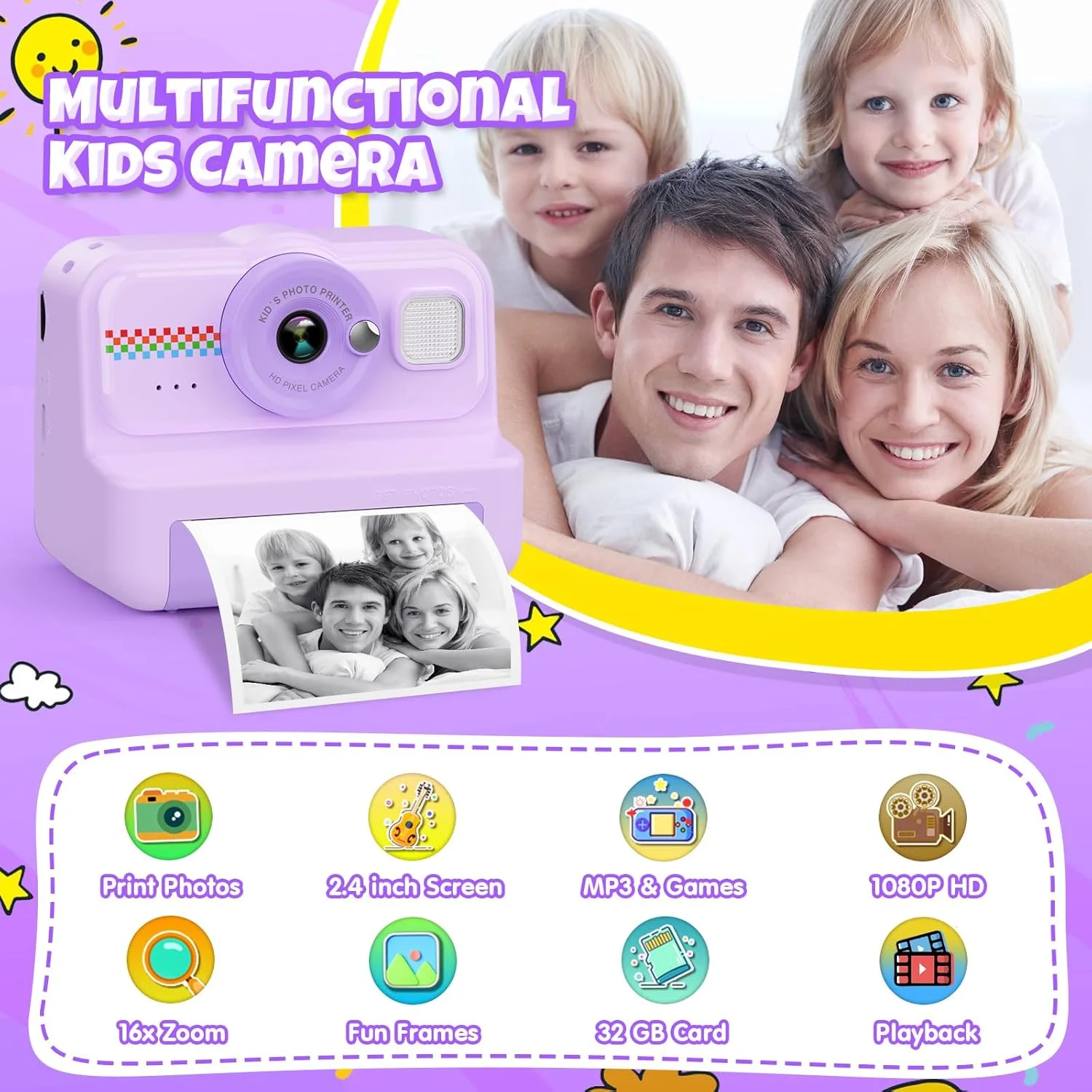 Kids Camera Instant Print, 1080P HD Instant Print Camera for Kids with 3 Rolls Print Paper, Selfie Digital Camera for Kid