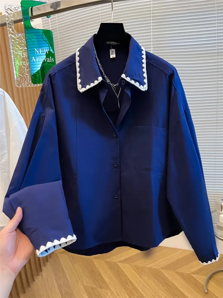 Loose Long Sleeve Women shirt Korean Yellow Floral Trim Splicing Breathable Comfortable Cotton Commute Fashion Ladies tops