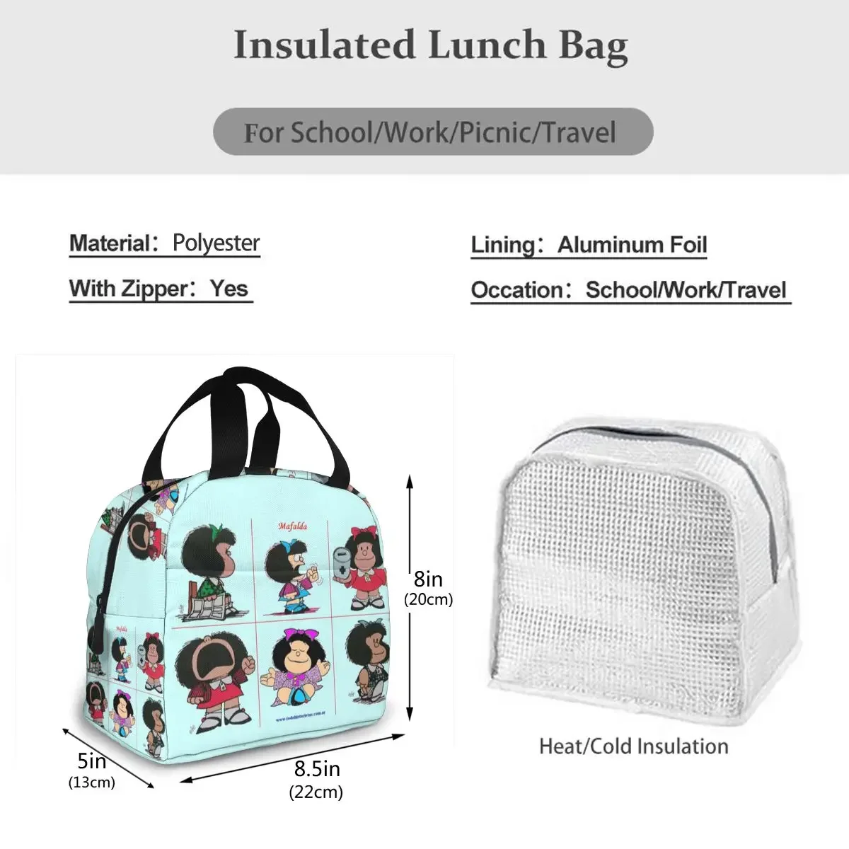 Mafalda Lunch Bag Kid Women Insulation Portable Waterproof Picnic Coole Bag Breakfast School borsa per alimenti riutilizzabile Bento Box