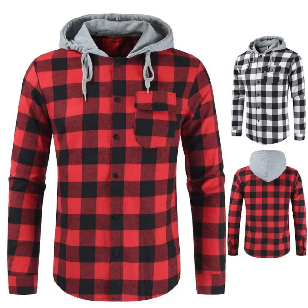 

Men Spring Hoodie Hooded Men Shirt Stylish Men's Plaid Print Hooded Cardigan Fall/winter Color Matching Soft Long Sleeve