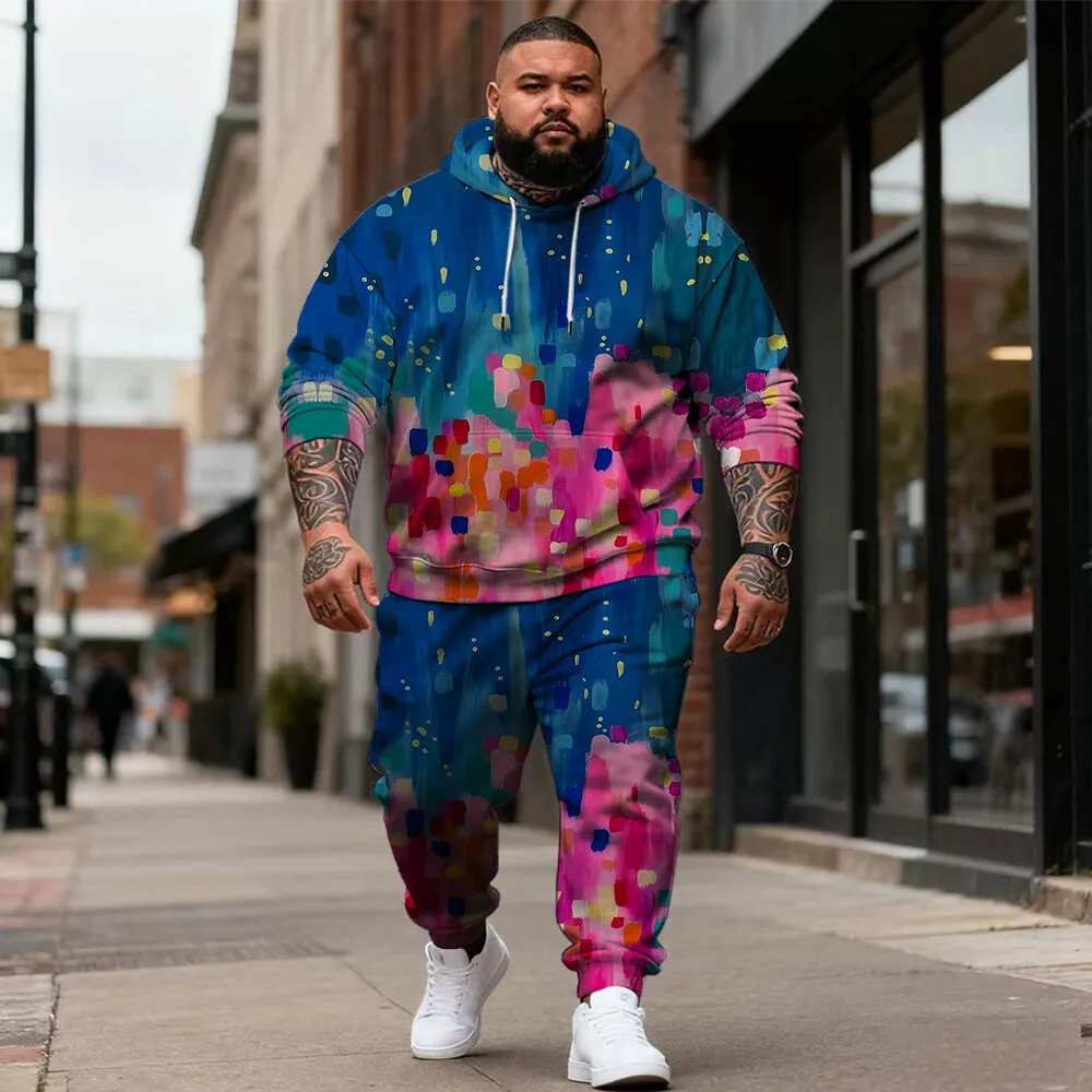 

S-9xl plus size Big & Tall Hoodie Set: Graffiti & Plaid Elements - 2-Piece Casual Outfit, Durable Fabric, Clear Patterns,