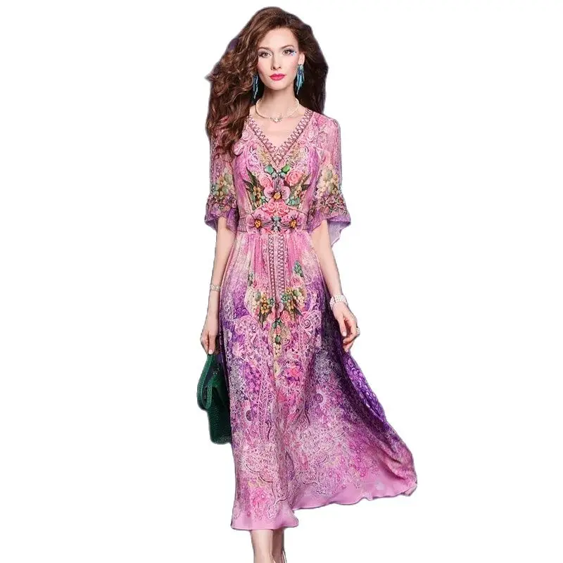 BirdTree, 100%Real Silk 3/4 Sleeve Dresses, Women V Neck Flower Print, Elegant Fashion Party Dress, 2024 Summer New D46163QM