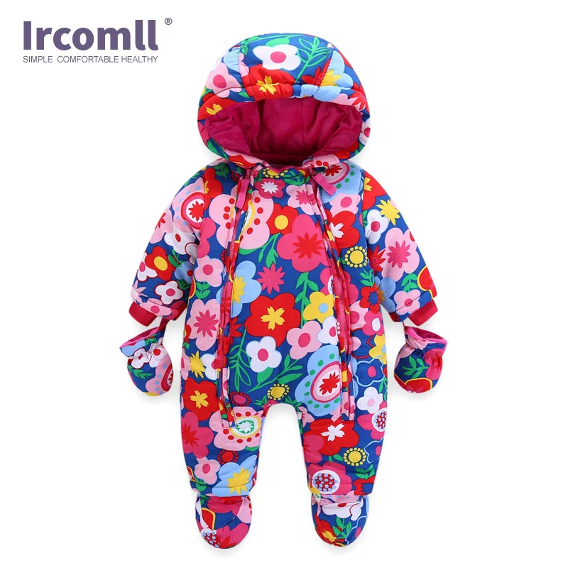 Ircomll 2024 Newborn Baby Rompers Winter Thick warm Kid Baby Girls Boys Infant Clothing Camo Flower Hooded Jumpsuit Kids Outwear