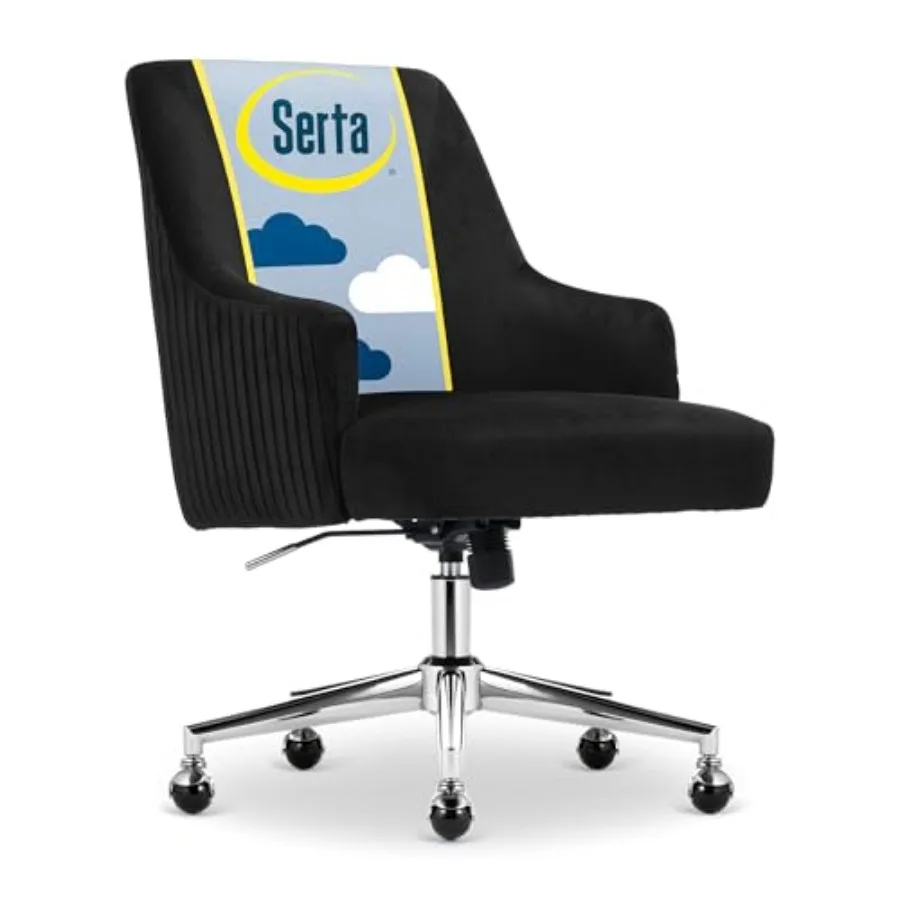 Modern vanity chair for dressing rooms, chrome base, black fabric, ergonomic mid-back support and swivel functionality