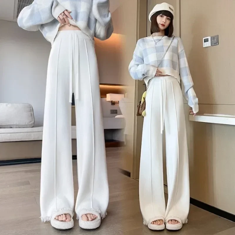 

Korean Style Sweatpants Women Autumn Winter New Fashion High Waisted Drawstring Pants Casual Knitted Straight Pants Y2k