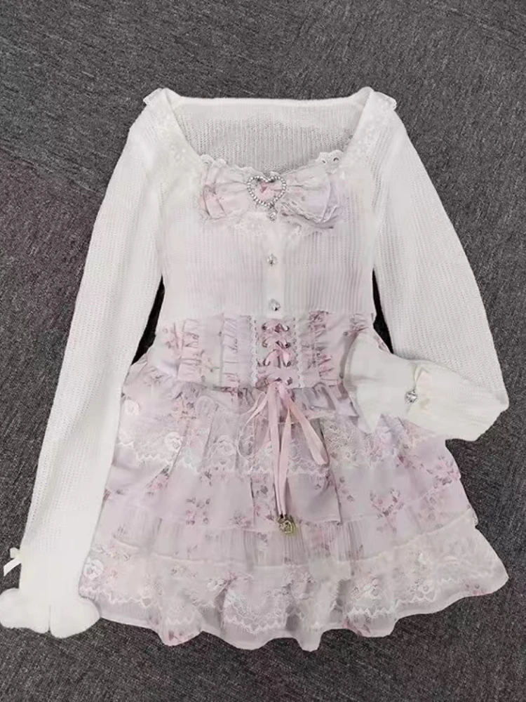 Japanese Sweet Kawaii 2 Piece Set Women Long Sleeve Knit Cardigan + Pink Lace Floral Tiered Dress Casual Lolita Chic Outfits image 6
