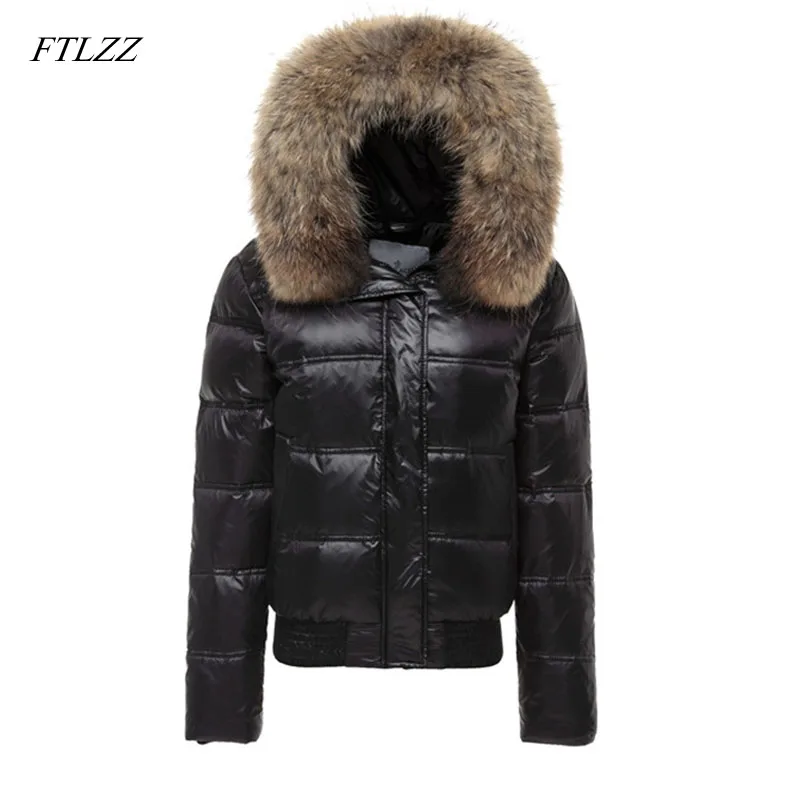 FTLZZ Real Raccoon Fur Winter Jacket Women Long Sleeve Slim White Duck Down Parkas Female Hooded Pockets Coat Outwear