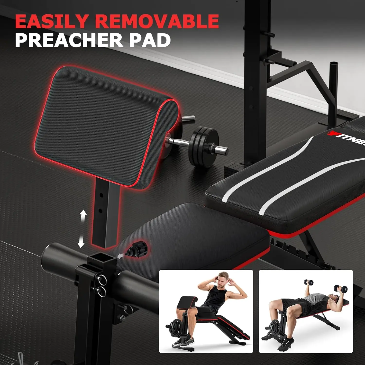 Workout Bench, Adjustable Weight Bench with Leg Extension, Preacher Pad, Extended Headrest, Collapsible Bench for Home Gym Full