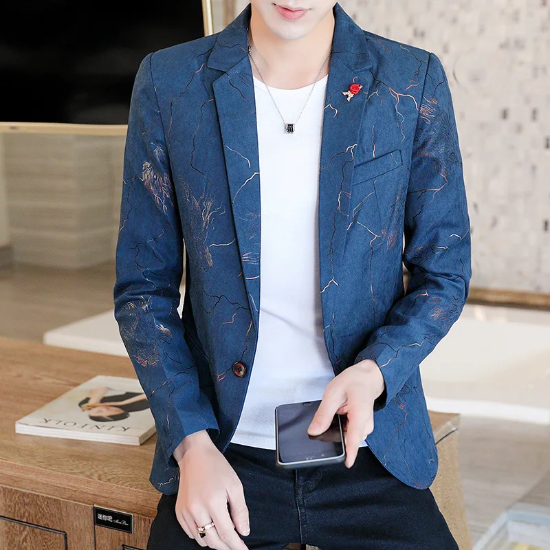 HOO 2023 Men's Gilding Slim-Fit Printed Suit Jacket Youth Autumn Fashion and Handsome blazer