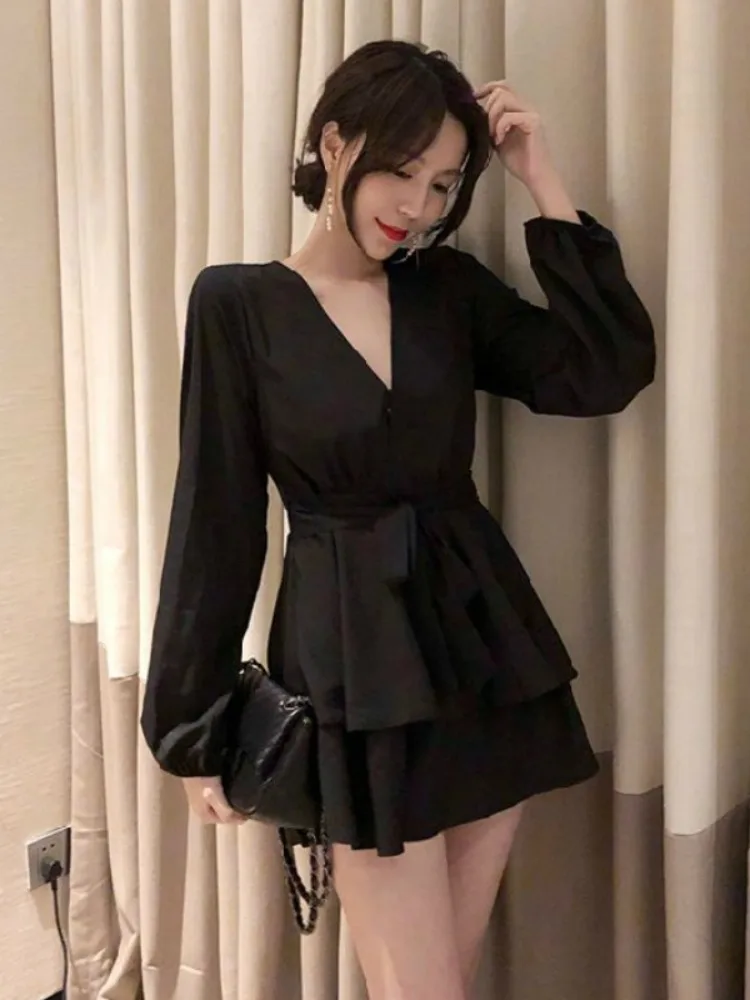 Elegant Party Dresses Woman A-line V-neck Cascading Ruffle Mini Dress Trendy Solid Frock Sexy Fashion Solid Trendy Vestidoes