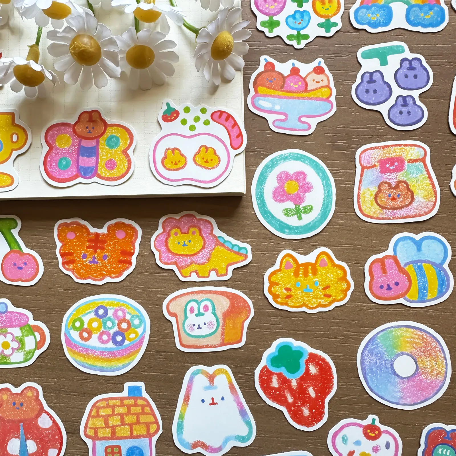 Ins Style Pencil Drawing Cute Animal Flower Girl Small Stickers for Journal Notebook DIY Decoration