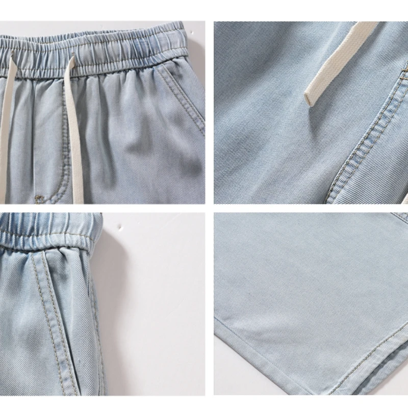 Summer Lyocell Fabric Men\'s Jeans Soft Thin Loose wide-leg Straight Pants Elastic Waist Casual Trousers Sweat Pants Size M-6xl