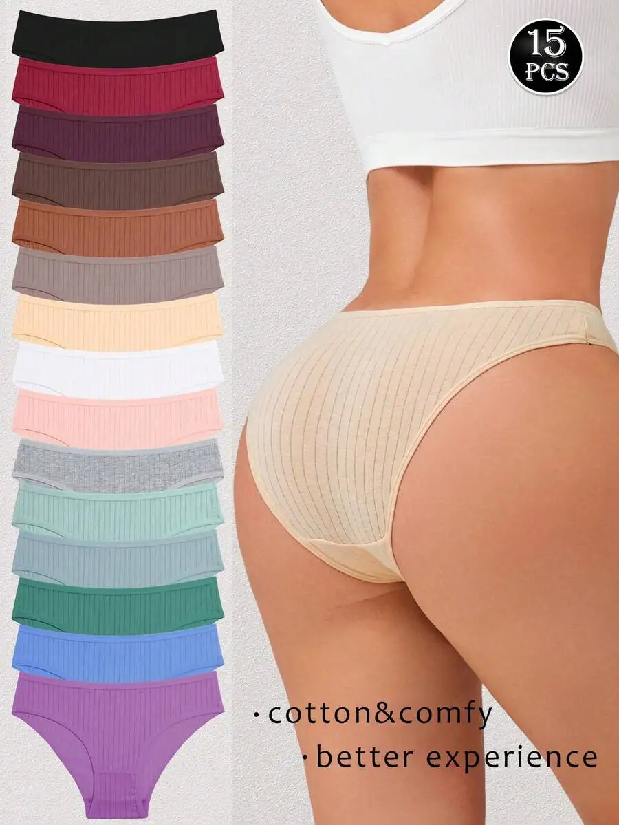 

15pcs Cotton Striped Comfortable High-Waisted Womens Briefs For Everyday Sports Holiday