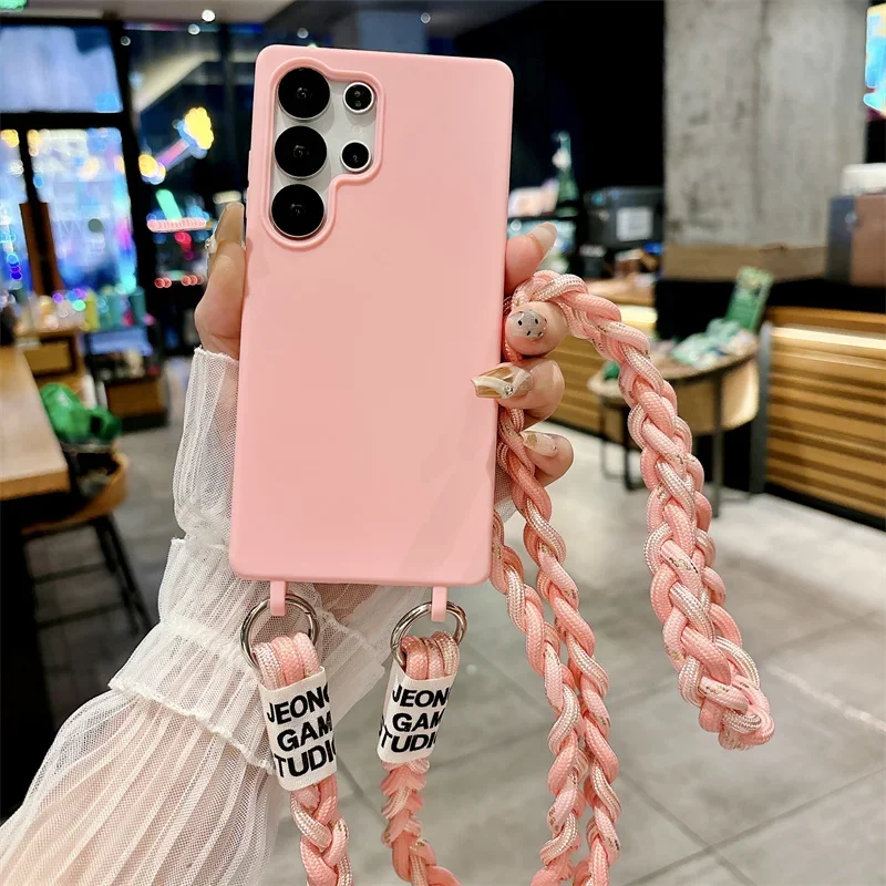 삼성 갤럭시 A06 A16 A26 A56 A55 A35 A15 A05S용 롱 랜야드 크로스바디 랜야드 케이스, 캔디 컬러 실리콘 소프트 TPU 백 커버