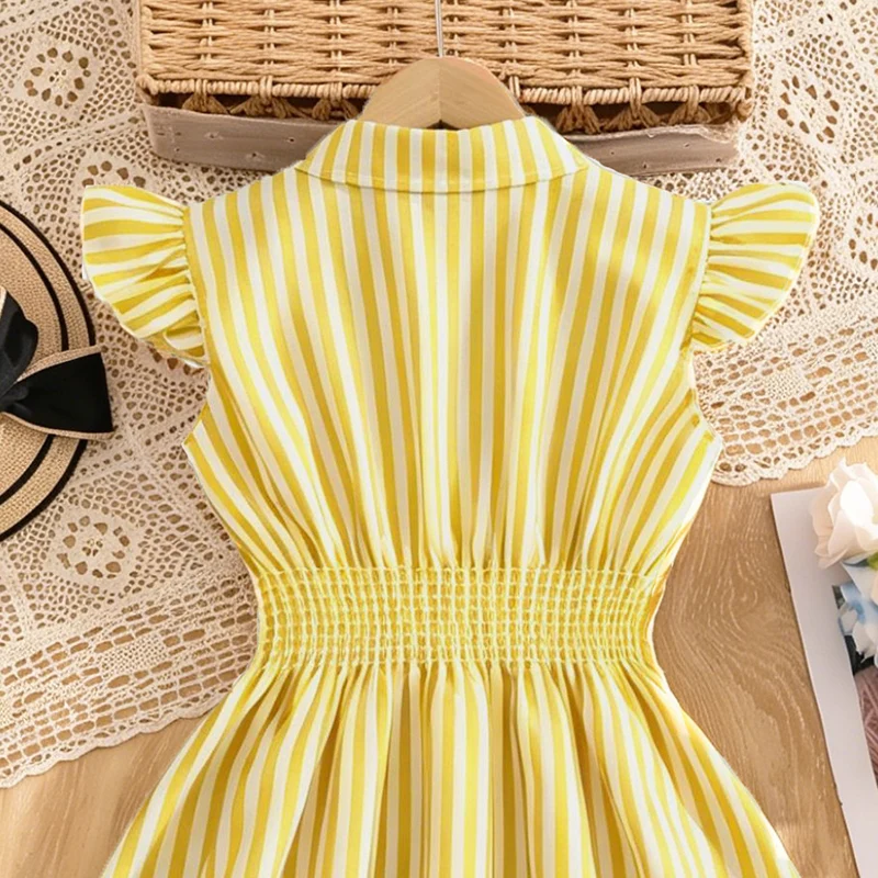 Blau-weiß gestreiftes Kleid für Mädchen von 8–12 Jahren, Hemdkragen mit Rüschenärmeln und gestreiftes Button-Down-Kleid mit seitlichen Bändern, lässige Kinderkleidung – Detail 15