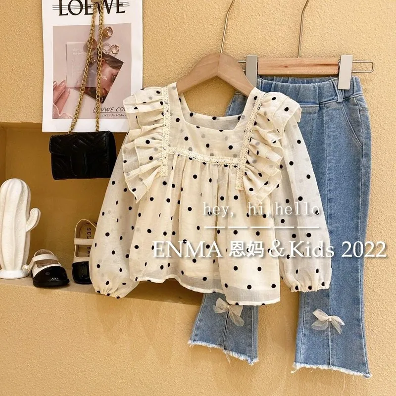 

Spring and Autumn Girls' Set Fashionable Children's Wave Dot Ear Edge Western Style Shirt+Jeans Set