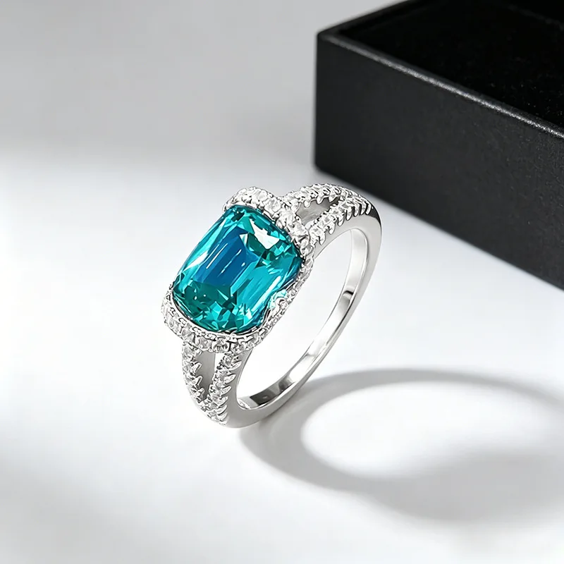S925 Sterling Silver Ring 7*9mm Cushion Cut Lab‑Created Gemstone Halo Zircon Leaf Carved Split Shank Band Fine Jewelry WomenRing