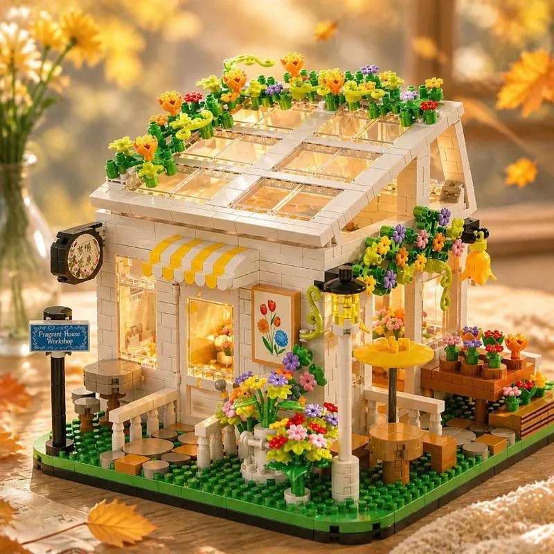 Sunshine Flower House Building Blocks, City Street View Architecture Series, Assembly Toy, High Aesthetic Gift for Girls