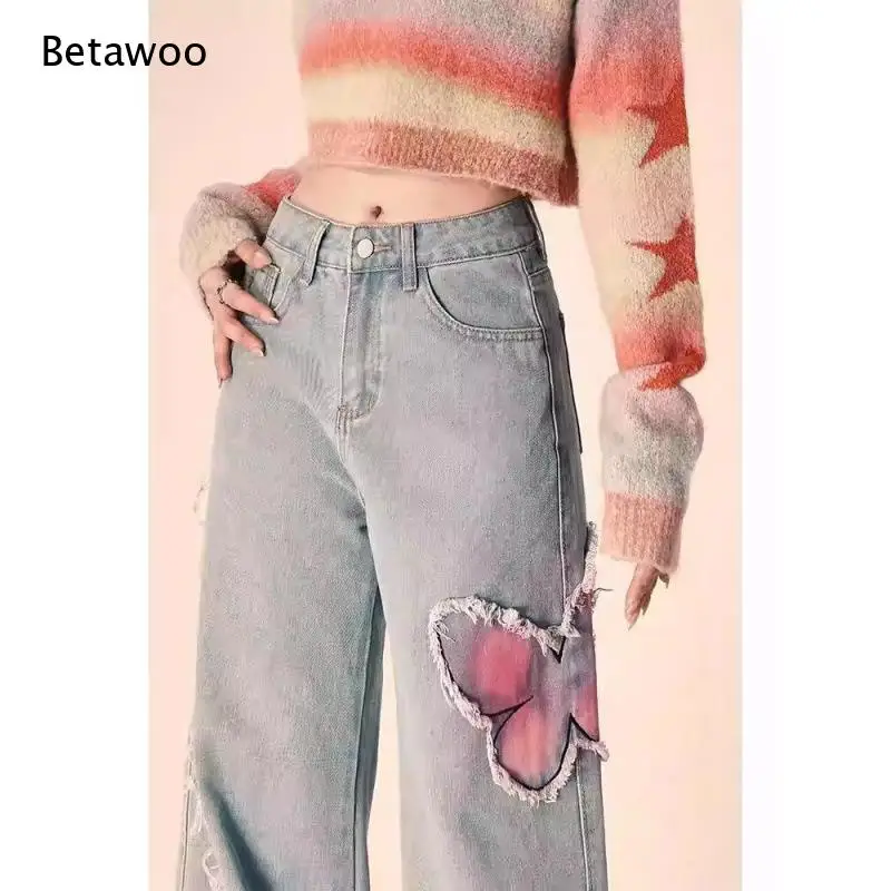 Ladies Vintage Washed Wide Leg Jeans Handmade Pink Butterfly Applique Fringe Decor High Waist Casual Baggy Denim Pants