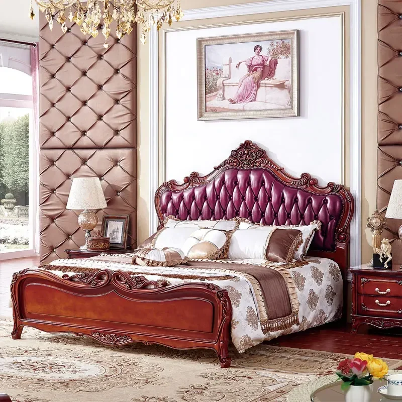 

A Custom Luxury Antique French Style Bedroom Furniture European Solid Wood Carved Double Leather Wedding Bed king Size Royal Bed