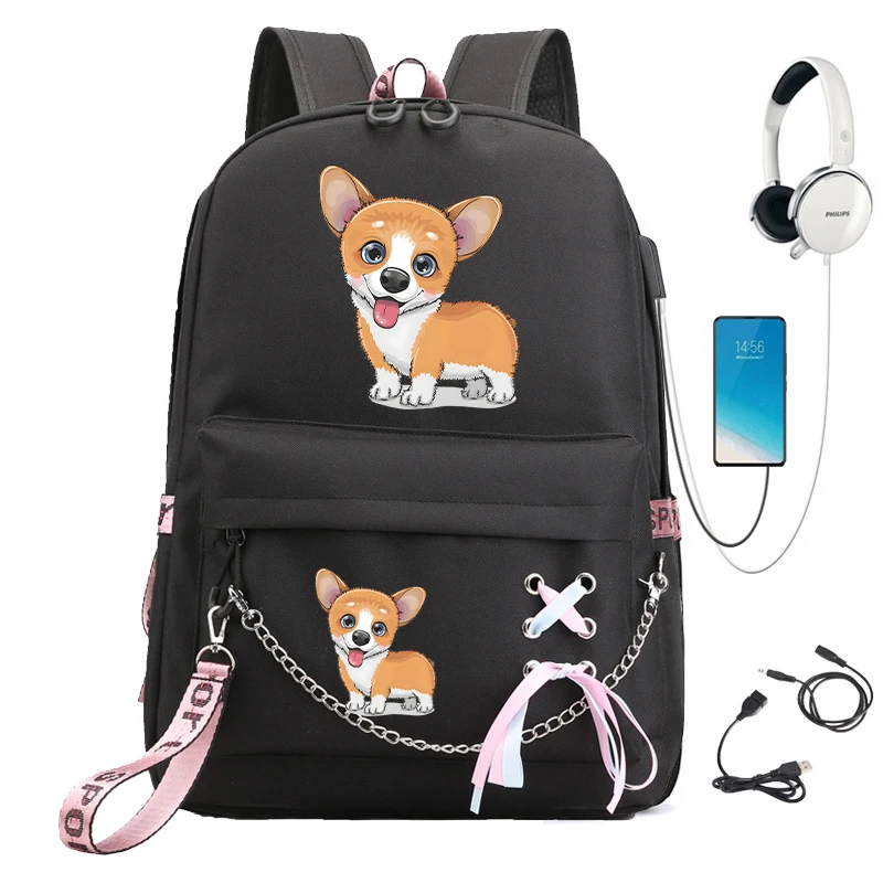 Niedliche Cartoon Hund Corgi Print Schule Rucksack Tasche für Studenten Kawaii Schult asche Anime USB Bücher tasche Tiere Manga Bagpacks