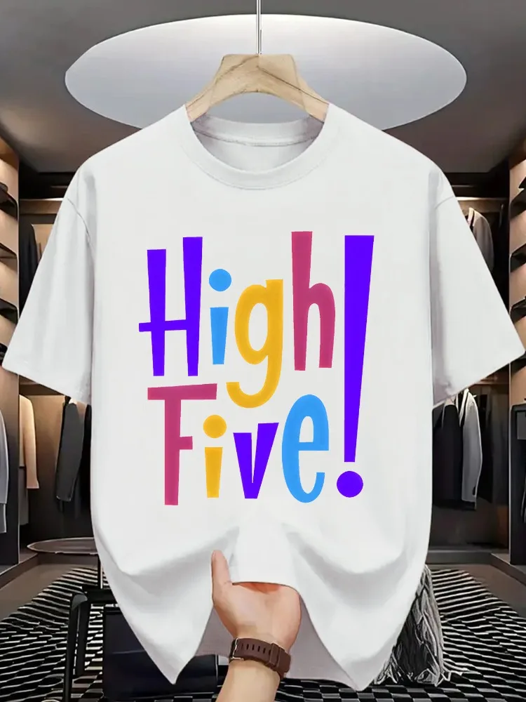 Men Summer Casual Short Sleeve T Shirt Colorful High Five Letter Print Oversized Loose Tees Street Daily Fashion Tops
