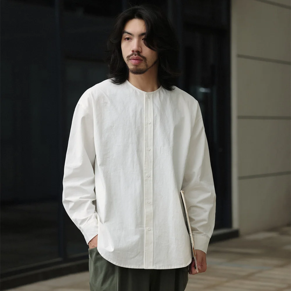 Men Collarless Japanese Streetwear Fashion Loose Causal Oversize Long Sleeve Cotton Cargo Shirts Cityboy Vintage Shirt