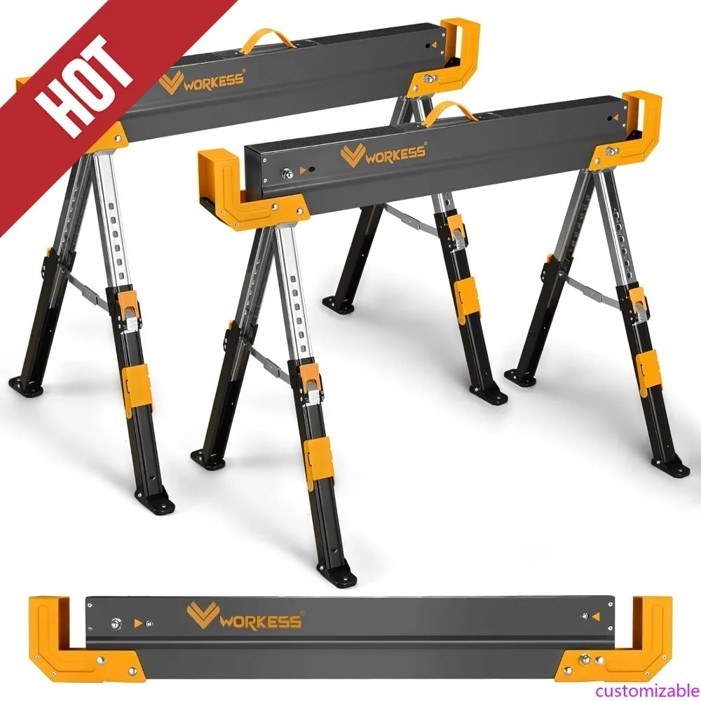

Customizable Saw Horses 2 Pack Folding, 2600 Lbs Load Capacity & 24-32 Inch Adjustable Height Heavy Duty Sawhorse Table With 2x4